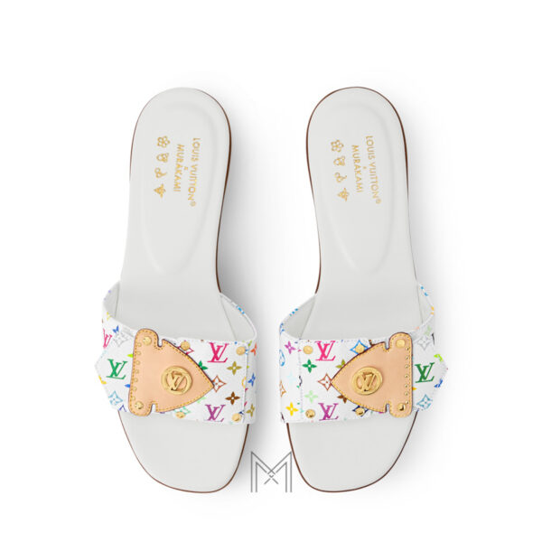Dép lê nữ LV Frame Flat Mule LV x TM màu trắng hoạ tiết monogram đa sắc LVD40
