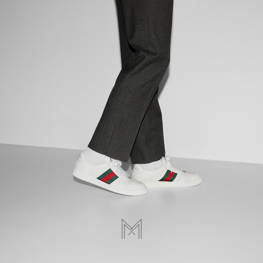 Giày Gucci nam Screener Trainer màu trắng phối dải web xanh đỏ MHG45 2026 Giày Gucci nam Screener Trainer màu trắng phối dải web xanh đỏ MHG45 2026