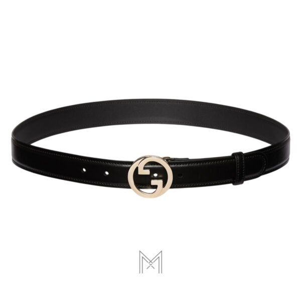 Thắt lưng Gucci Blondie dây da màu đen mặt khoá tròn màu vàng chính hãng GTL71