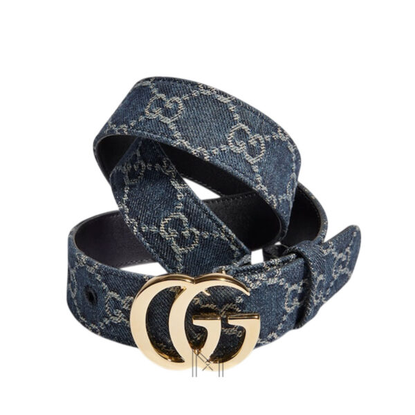Thắt lưng Gucci màu xanh denim hoạ tiết monogram khoá GG màu vàng GTL101