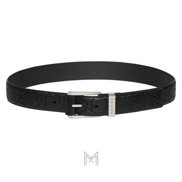 Thắt lưng Gucci da sần màu đen hoạ tiết dập nổi mặt khoá màu bạc chính hãng GTL04
