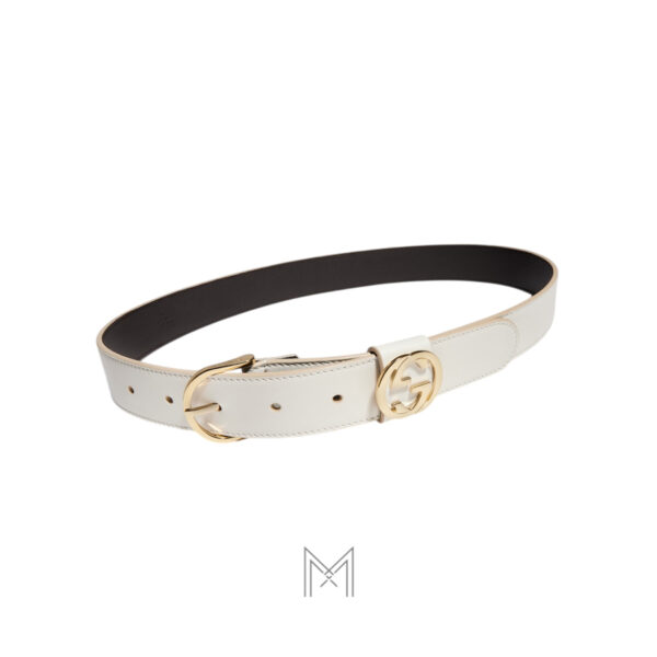 Thắt lưng Gucci dây da trắng mặt khoá tròn GG màu vàng kim loại GTL78