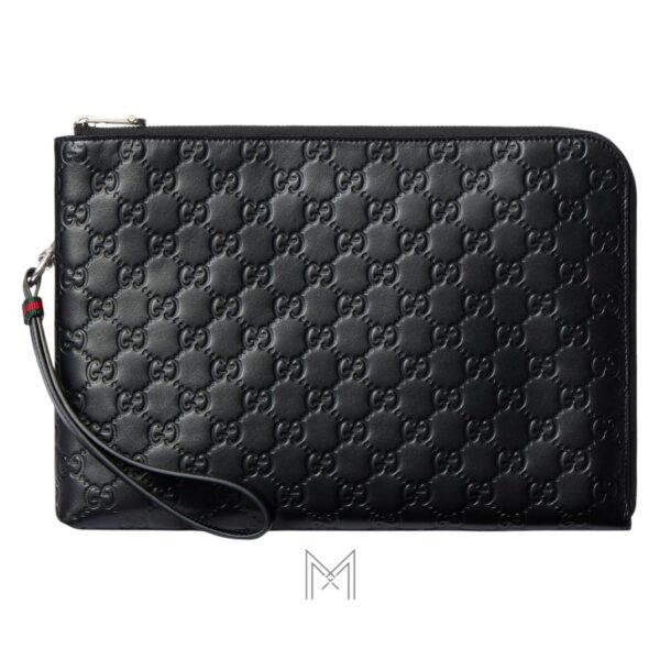Túi cầm tay Gucci da màu đen hoạ tiết monogram dập nổi hàng hiệu TGG47