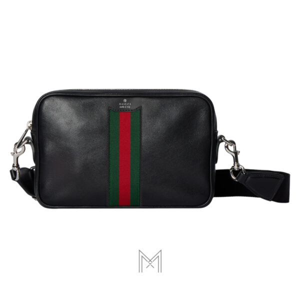 Túi da đeo chéo Gucci Trademark màu đen phối sọc xanh đỏ chính hãng TGG17