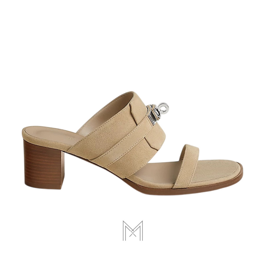 Dép cao gót Hermes Ninon 50 chính hãng màu be da lộn MHHH049 2026 Dép cao gót Hermes Ninon 50 chính hãng màu be da lộn MHHH049 2026