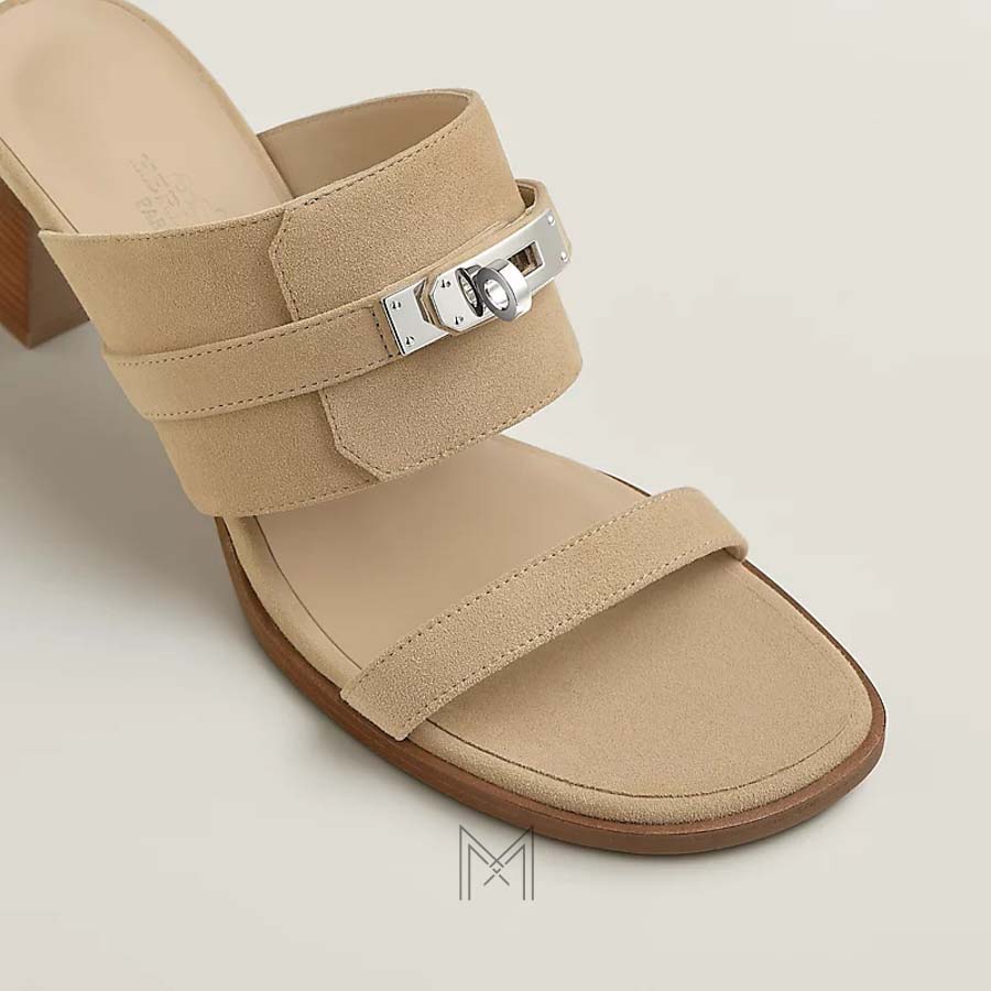 Dép cao gót Hermes Ninon 50 chính hãng màu be da lộn MHHH049 2026 Dép cao gót Hermes Ninon 50 chính hãng màu be da lộn MHHH049 2026