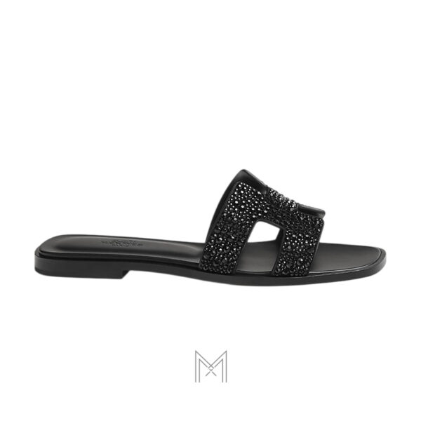 Dép quai ngang Hermes Oran chính hãng đính đá màu đen MHHH054