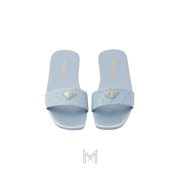 Dép quai ngang Prada Ostrich leather màu xanh pastel chính hãng MHHP013