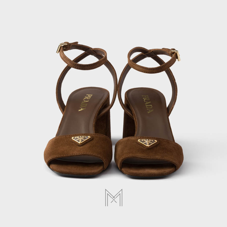 Sandal cao gót Prada màu nâu da lộn chính hãng MHHP018 2026 Sandal cao gót Prada màu nâu da lộn chính hãng MHHP018 2026