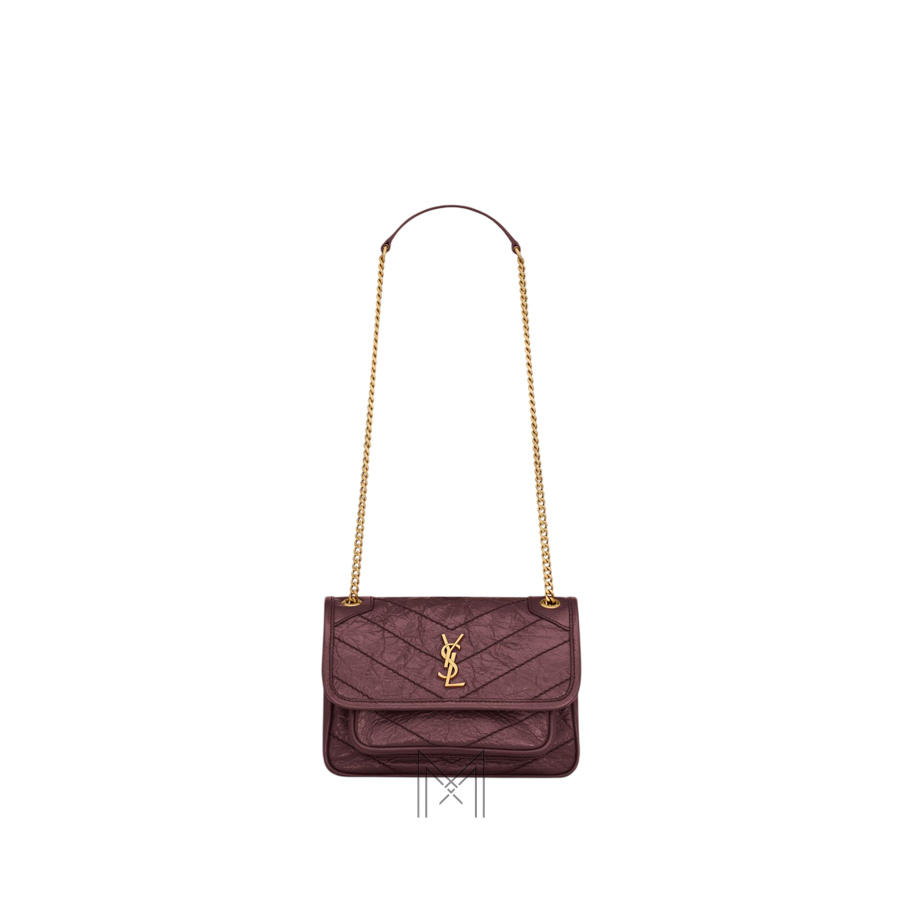 Túi xách đeo chéo YSL Niki màu đỏ mận logo vàng authentic MHHY046 2026 Túi xách đeo chéo YSL Niki màu đỏ mận logo vàng authentic MHHY046 2026