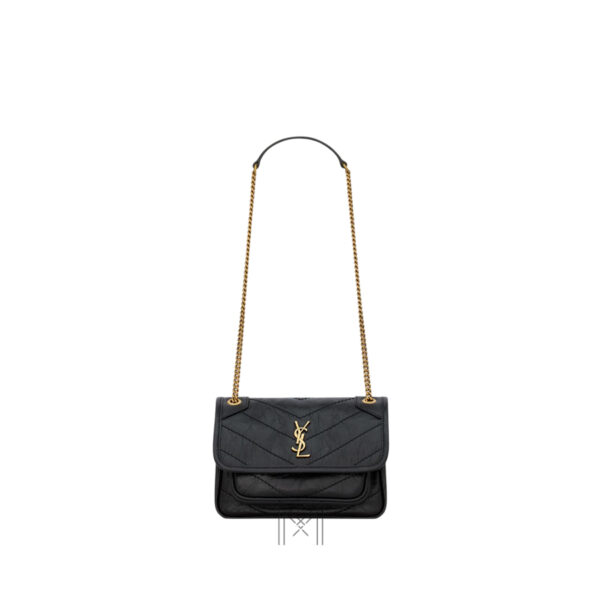 Túi xách đeo chéo YSL Niki màu đen logo vàng authentic MHHY047