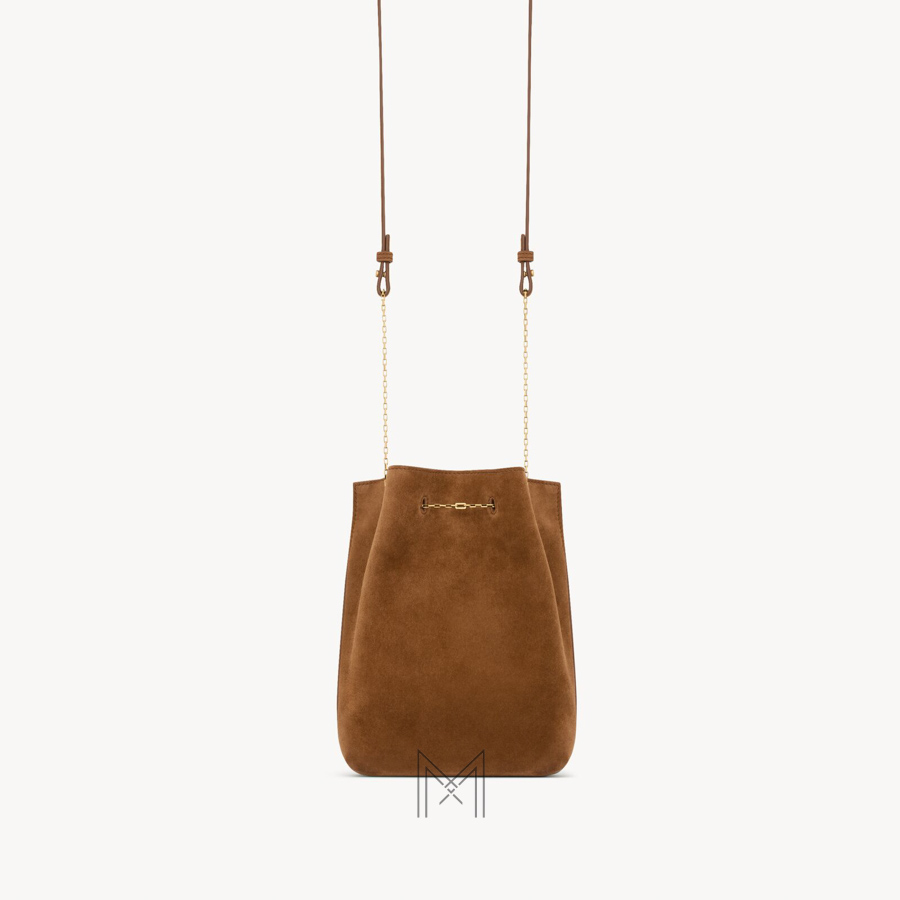Túi đeo chéo YSL màu nâu da lộn logo vàng chính hãng MHHY030 2026 Túi đeo chéo YSL màu nâu da lộn logo vàng chính hãng MHHY030 2026