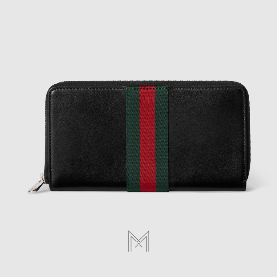 Ví dài Gucci viền khoá kéo da màu đen phối dải canvas xanh đỏ MVG06 2026 Ví dài Gucci viền khoá kéo da màu đen phối dải canvas xanh đỏ MVG06 2026