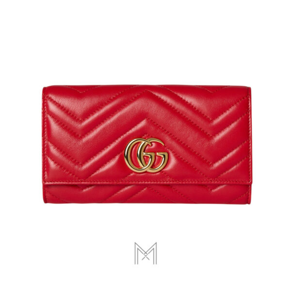 Ví dài Gucci nữ Marmont màu đỏ logo GG kim loại màu vàng MVG71