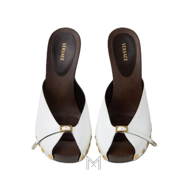 Dép cao gót Versace Sassi Patent Clogs 105mm màu trắng MDV56