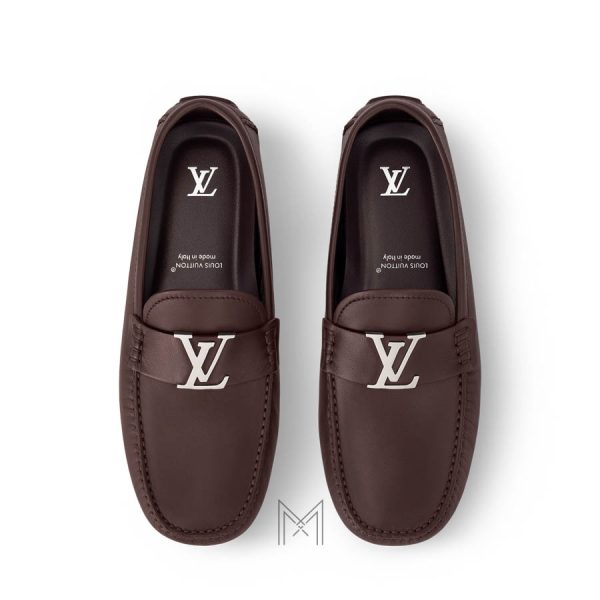 Giày lười nam Louis Vuitton màu nâu logo LV bạc chính hãng MHGL036
