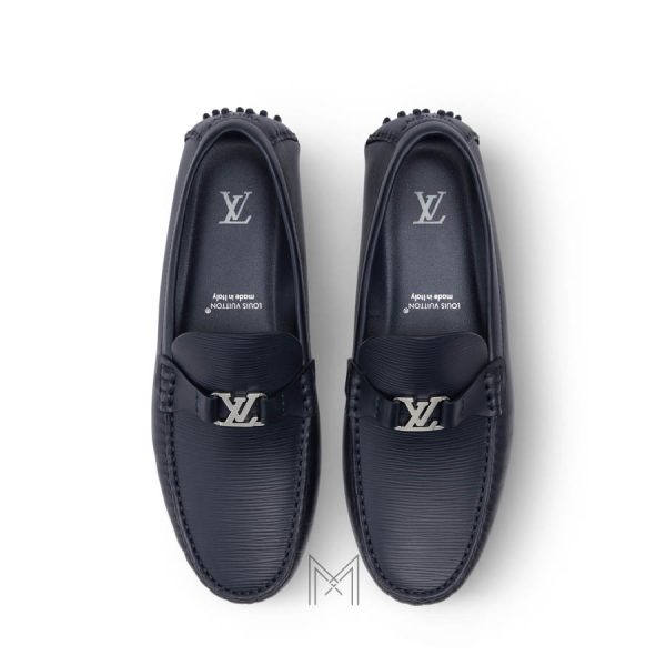 Giày moca nam Louis Vuitton màu xanh da vân ngang logo bạc authentic MHGL013