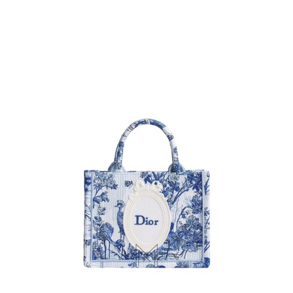 Túi Xách Dioriviera Mini Dior Book Tote with Strap Blue and White Toile de Jouy Floral Garden Embroidery and Dior Médaillon JTT146