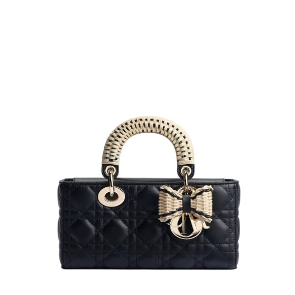 Túi Xách Đeo Chéo Dioriviera Small Lady D-Joy Bag Black Cannage Lambskin and Natural Woven Rattan JJT206