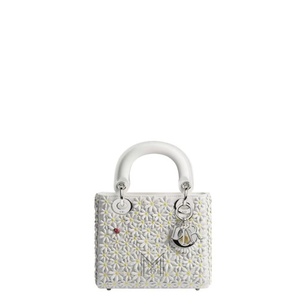 Túi Xách Mini Lady Dior Bag with Strap White Lambskin Embroidered with Three-Dimensional Dior Daisy Allover Motif JTT067