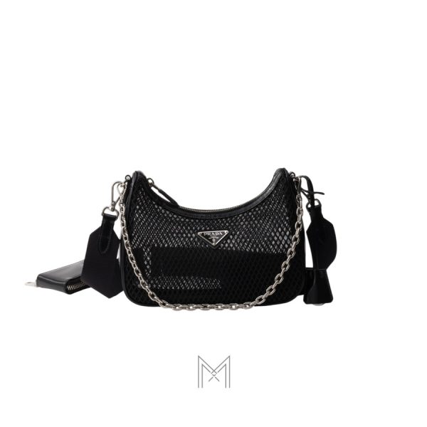 Túi đeo vai Prada Re-Edition 2005 lưới màu đen dây xích bạc chính hãng MHTP126