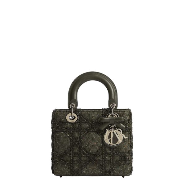 Túi Xách Đeo Chéo Small Lady Dior Bag with Strap Khaki Multicolor Cannage Tweed Embroidered with Sequins JTT116