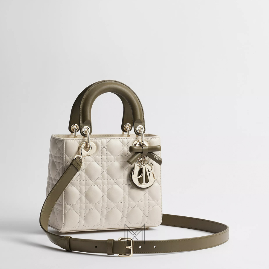 Túi Xách Đeo Chéo Small Lady Dior Bag with Strap Two-Tone Craie and Khaki Cannage Lambskin JTT114 2026 Túi Xách Đeo Chéo Small Lady Dior Bag with Strap Two-Tone Craie and Khaki Cannage Lambskin JTT114 2026