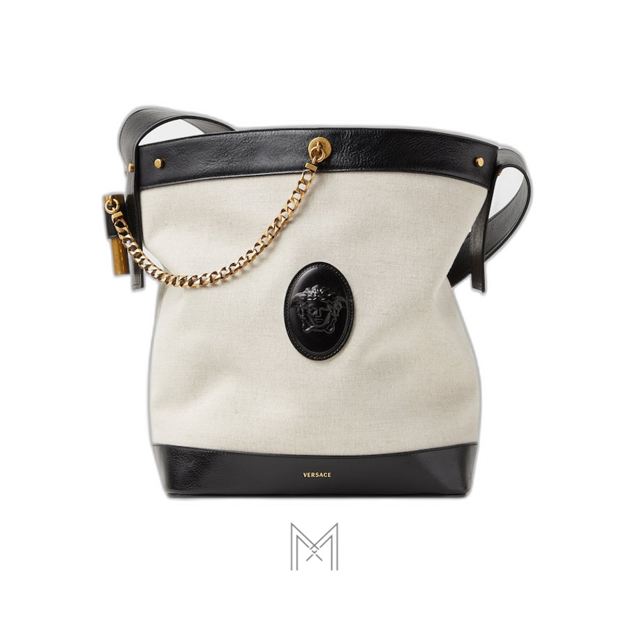 Túi xách Versace Pivot canvas phối da màu trắng quai đen MTV184 2026 Túi xách Versace Pivot canvas phối da màu trắng quai đen MTV184 2026