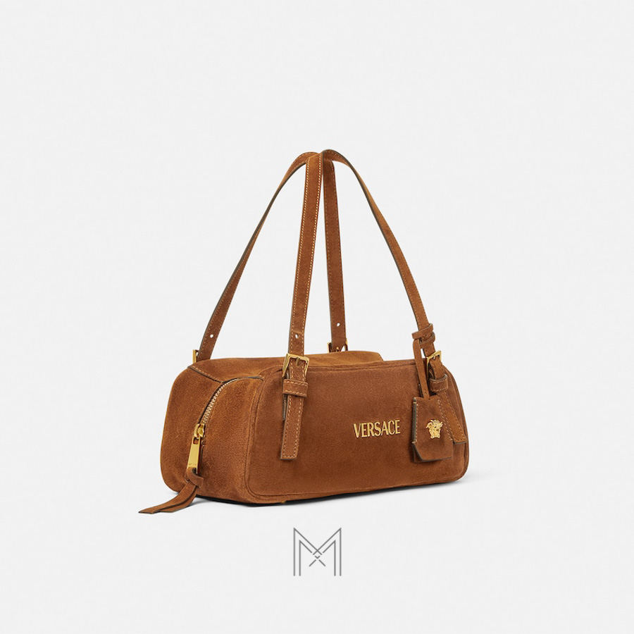 Túi xách Versace Bowling Tag màu nâu da lộn MTV044 2026 Túi xách Versace Bowling Tag màu nâu da lộn MTV044 2026