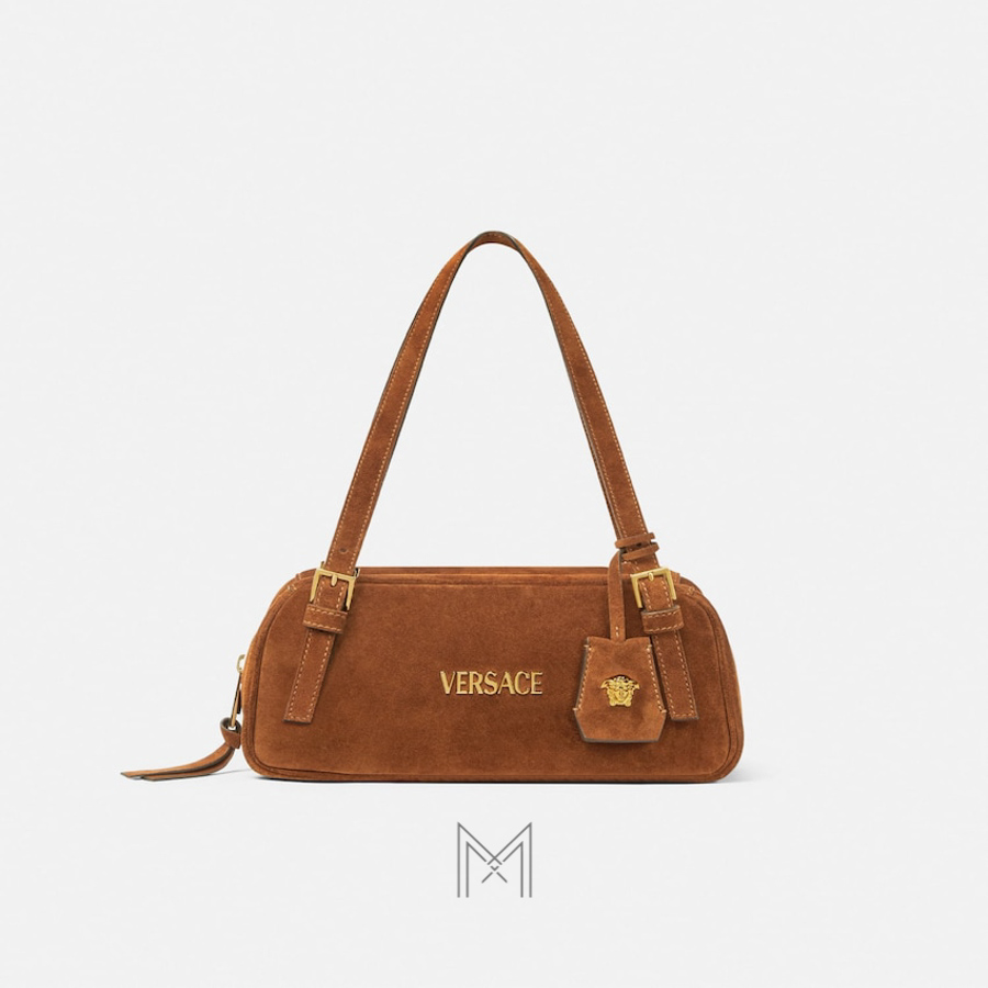 Túi xách Versace Bowling Tag màu nâu da lộn MTV044 2026 Túi xách Versace Bowling Tag màu nâu da lộn MTV044 2026