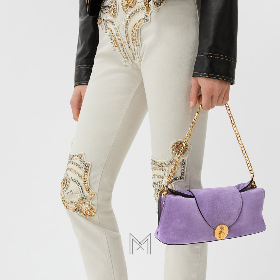 Túi xách cầm tay có dây xích màu tím Versace Vivian da lộn MTV176 2026 Túi xách cầm tay có dây xích màu tím Versace Vivian da lộn MTV176 2026