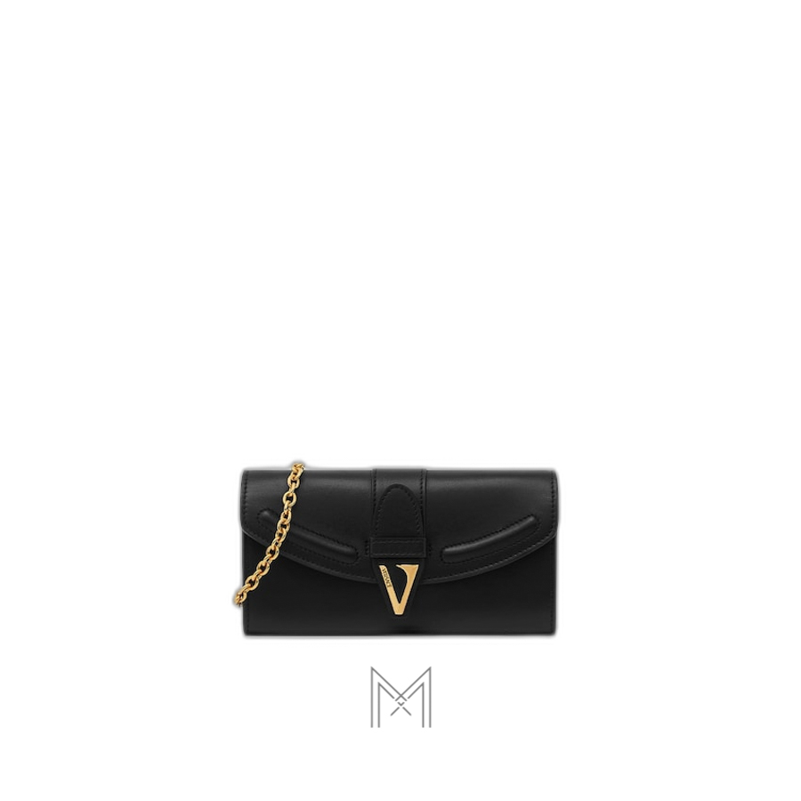 Túi đeo chéo Versace màu đen da bê khoá V kim loại màu vàng MTV005 2026 Túi đeo chéo Versace màu đen da bê khoá V kim loại màu vàng MTV005 2026