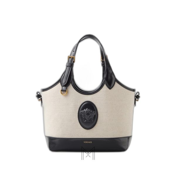 Túi Versace canvas Riviere màu trắng kem phối quai da bê màu đen MTV076