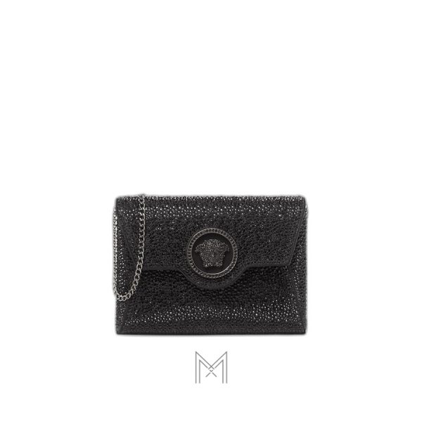 Túi đeo chéo Versace satin đính đá La Medusa màu đen MTV162