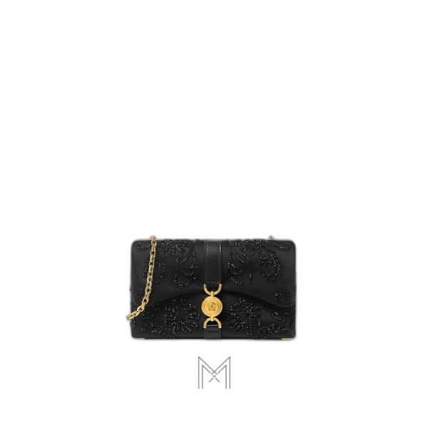 Túi đeo chéo Versace Kleio màu đen thêu satin authentic MTV055