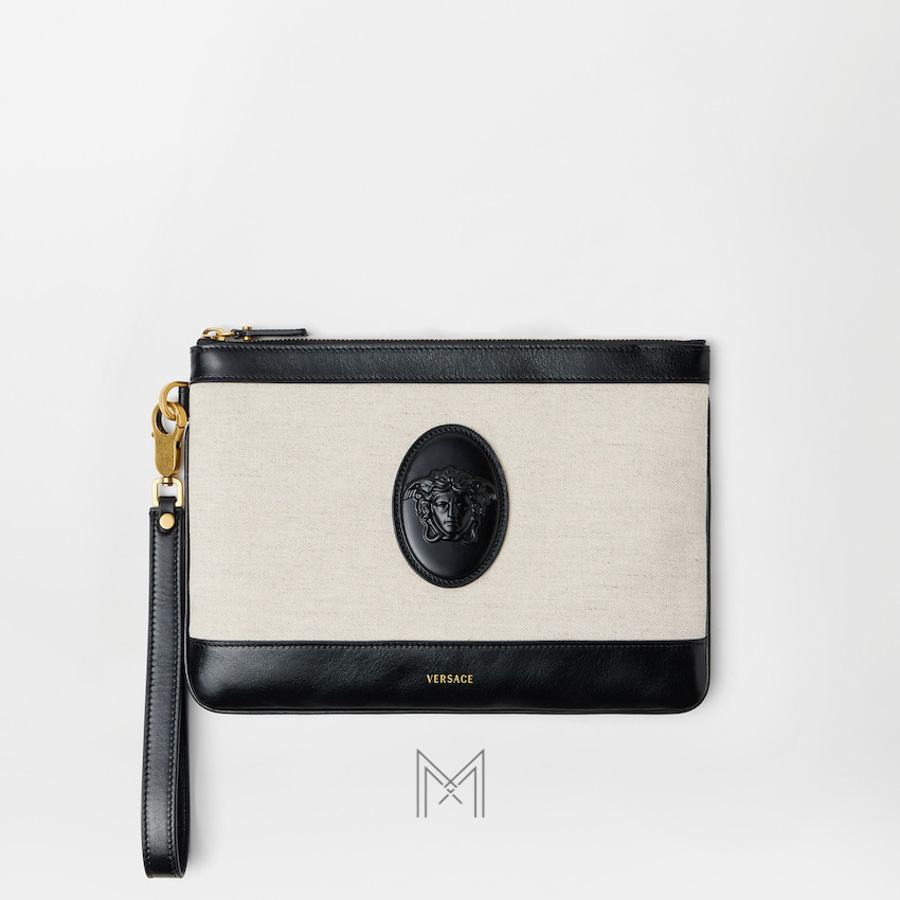 Túi Versace Riviere cầm tay màu be quai đen vải canvas phối da MTV017 2026 Túi Versace Riviere cầm tay màu be quai đen vải canvas phối da MTV017 2026