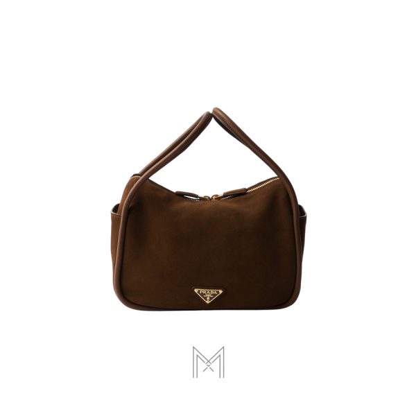 Túi xách Prada Daily chính hãng màu nâu da lộn logo vàng MHTP156