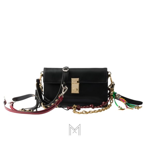 Túi xách đeo chéo Prada Soft authentic màu đen dây xích vàng MHTP234