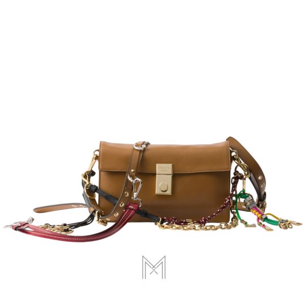 Túi xách đeo chéo Prada Soft authentic màu nâu dây xích vàng MHTP235