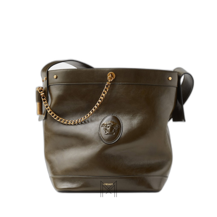 Túi xách Versace dáng xô màu xanh rêu da bê authentic MTV208 2026 Túi xách Versace dáng xô màu xanh rêu da bê authentic MTV208 2026