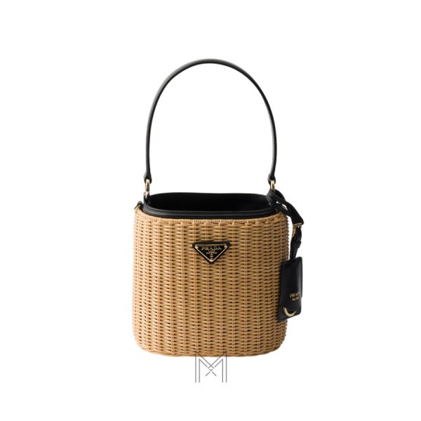 Túi mini Prada Wicker xách màu quai đen logo vàng chính hãng MHTP132