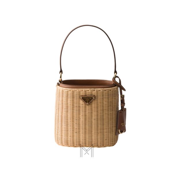 Túi mini Prada Wicker xách màu quai nâu logo vàng chính hãng MHTP133