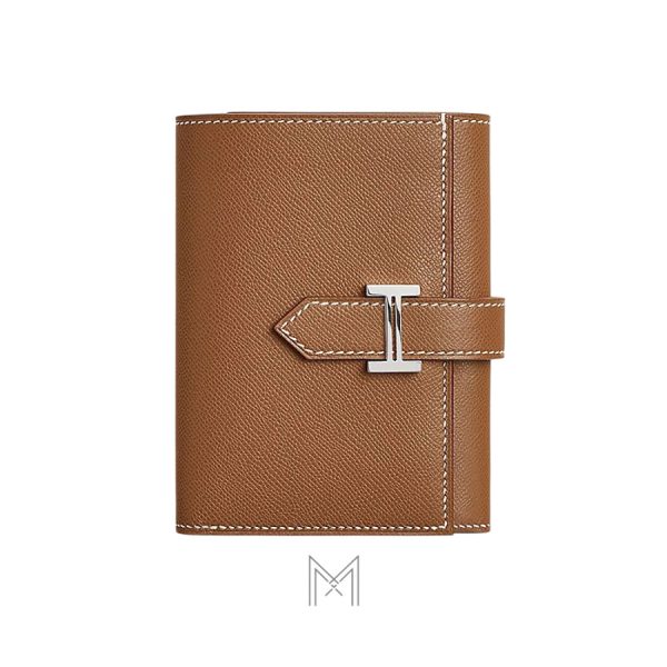 Ví ngắn Hermes Bearn màu nâu gold khoá bạc hàng hiệu MVH32