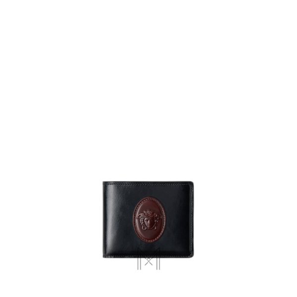 Ví da ngắn Versace Roomy màu đen logo Medusa dập nổi màu đỏ MVV26