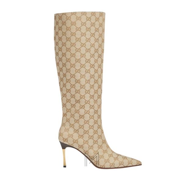 Boots cao gót Gucci màu be họa tiết authentic MHGG045