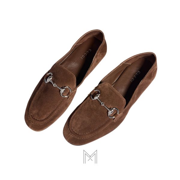 Giày loafer Gucci màu nâu da lộn khóa bạc chính hãng MHGG006