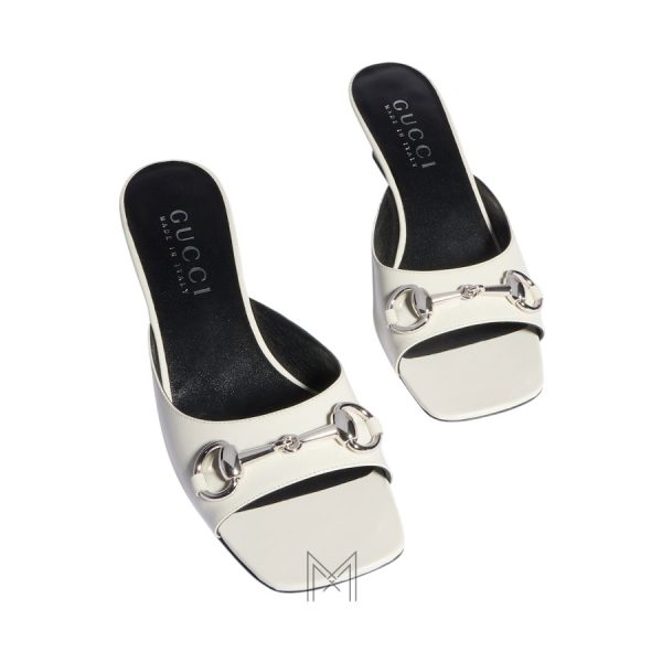 Dép Gucci cao gót màu trắng khóa Horsebit bạc chính hãng MHDG007