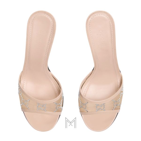 Dép Gucci cao gót màu be đính đá chính hãng MHDG024