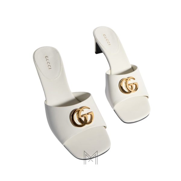 Dép Gucci cao gót màu trắng logo GG vàng chính hãng MHDG005