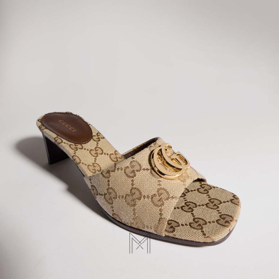 Dép Gucci cao gót họa tiết logo GG vàng chính hãng MHDG006 2026 Dép Gucci cao gót họa tiết logo GG vàng chính hãng MHDG006 2026